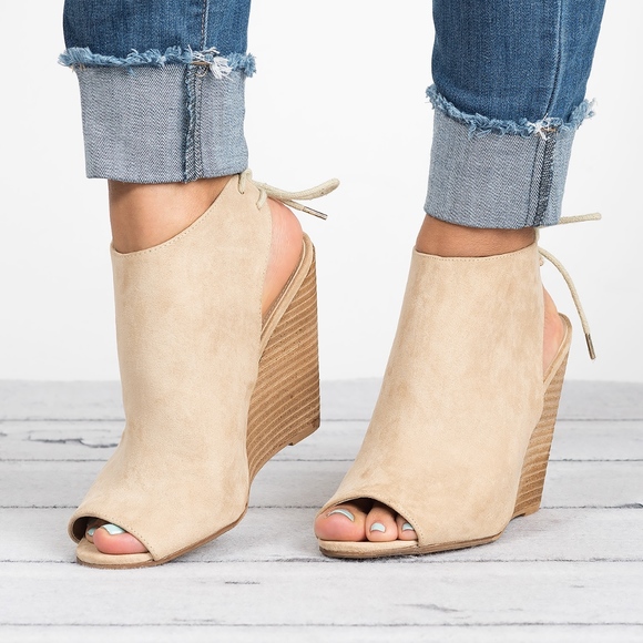 Bella Marie Shoes - SCENES BEIGE PEEP TOE WEDGES